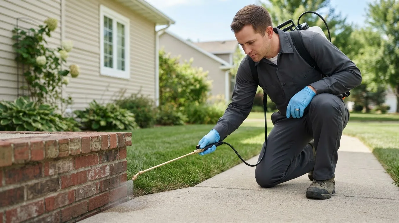 Pest control technician treating a home near Hobart, OK